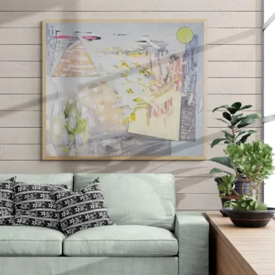 Featuring a pastel palette of soft yellows, pinks, and greens, this contemporary artwork evokes a dreamlike urban landscape. Perfect for modern interiors and abstract art collectors.