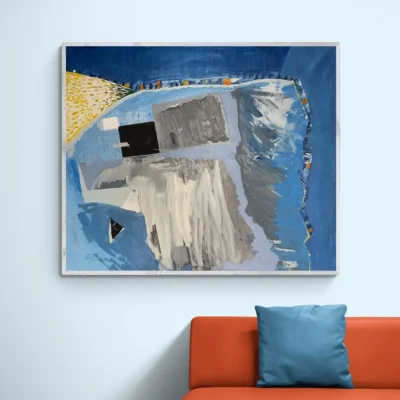 abstract painting by contemporary Serbian artist Svetlana Vuksanović. Featuring bold blue tones, textured brushwork, and geometric forms