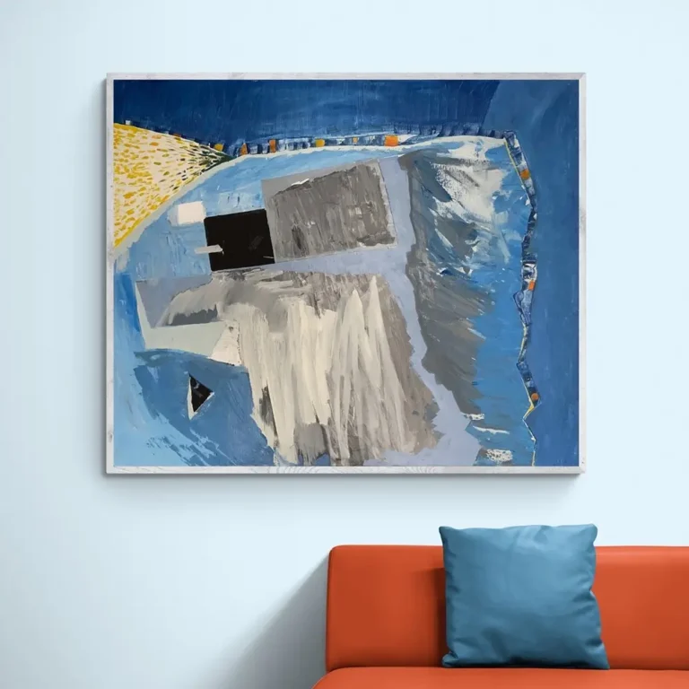 abstract painting by contemporary Serbian artist Svetlana Vuksanović. Featuring bold blue tones, textured brushwork, and geometric forms