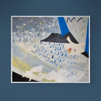 Abstract painting titled "Wanted-Blue" by Svetlana Vuksanovic featuring various shades of blue, white, and grey with dynamic, textured brushstrokes suggesting rain or falling elements.